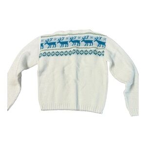 Vintage Jantzen White Sweater with Blue Reindeer Pattern